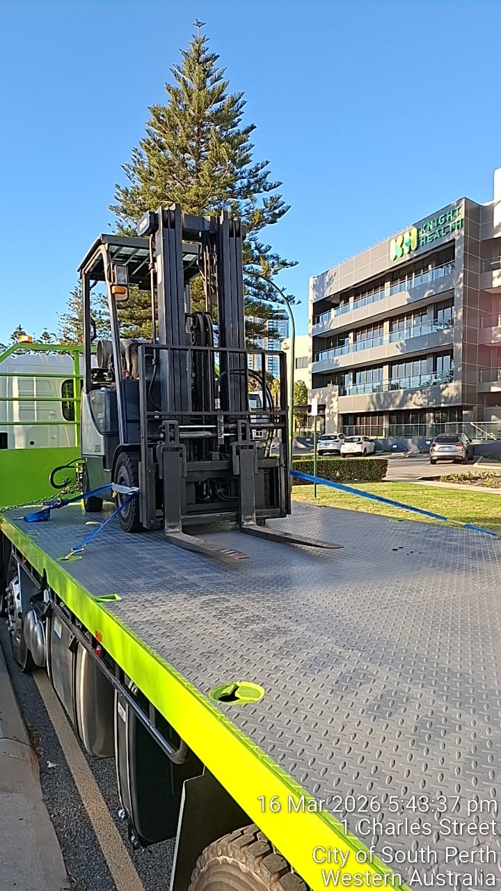 Crown CG18S forklift on flatbed close-up